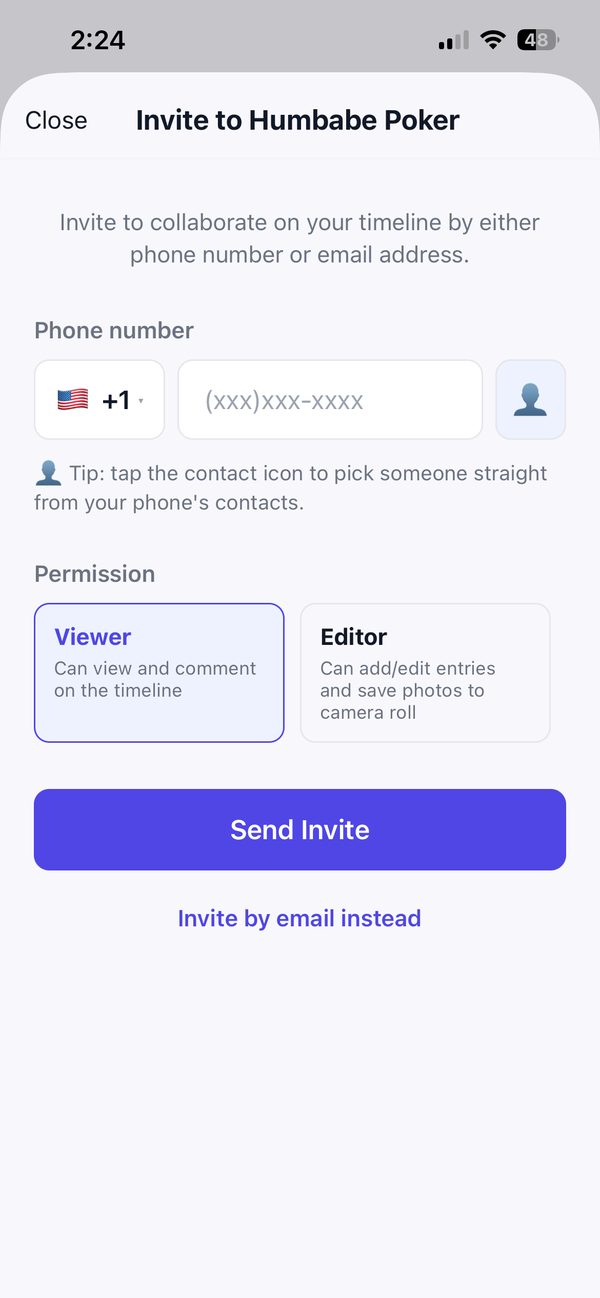Inviting someone to a timeline, choosing between Viewer and Editor permissions
