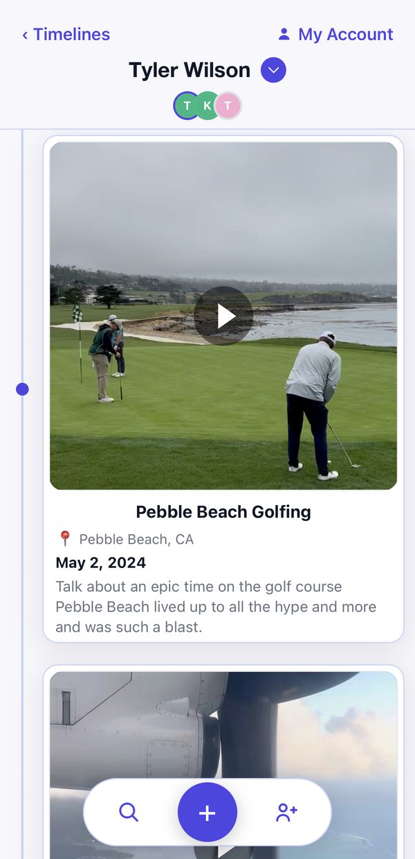 Three ReLivin timelines fanned out, showing golf, family and poker memories